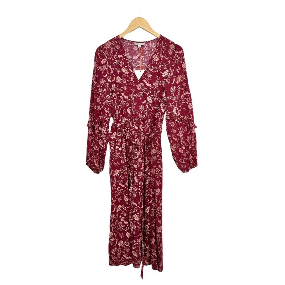 Knox Rose Burgundy Floral Midi Dress Boho Long Sleeve Surplice Neckline Size S - Picture 7 of 15